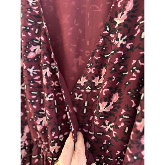 Madewell Georgette Flutter-Sleeve Peplum Paisley Dark Purple Faux Wrap Blouse XS - Picture 5 of 7